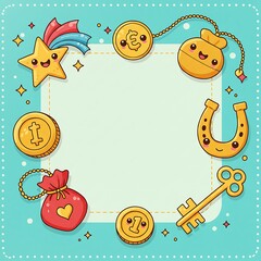 Cute Lucky Charms Frame with Gold Coins and Horseshoe.