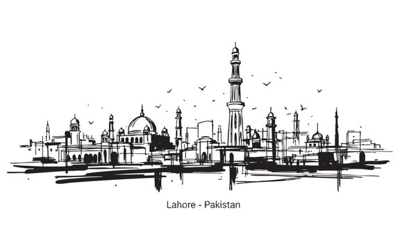 Lahore Pakistan Historic City Skyline Engraving Vector Illustration
