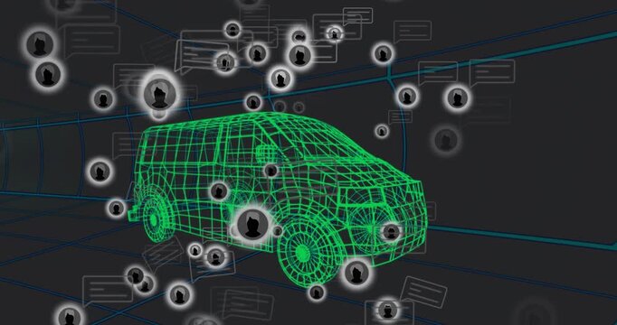 Materializing green wireframe van drawing orbiting user icons and bubbles illustrating data flow