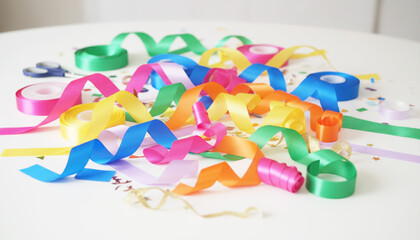 カラフルなリボンがテーブルの上にある様子