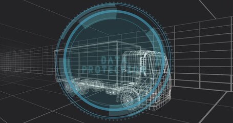DATA PROTECTION text fading onto 3D wireframe truck while rotating rings emphasizing secure transit - Powered by Adobe