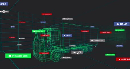 After one second Send Message fading wireframe truck emitting multiplying UI alerts disappearing - Powered by Adobe