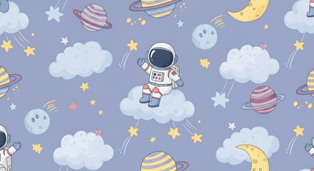 Cute Astronaut in Space with Planets and Stars Seamless Pattern.