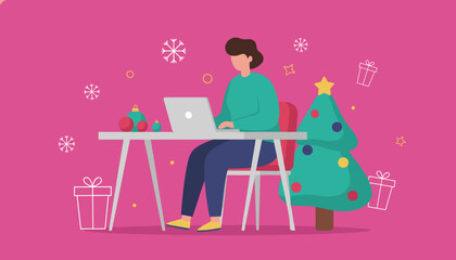 Remote work during Christmas Freelancer using laptop near festive tree and snowflakes