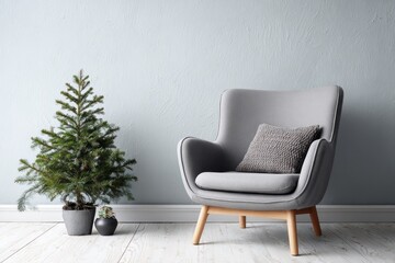 Fototapeta premium Minimalist home interior with a small evergreen tree and armchair.