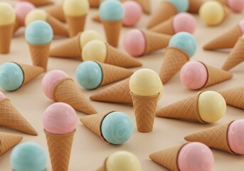Delightful assortment of pastel ice cream cones scattered on a smooth surface creating a playful