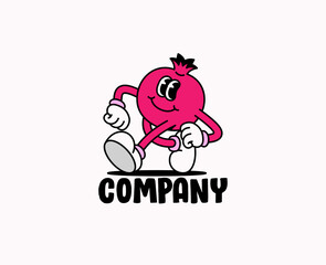 Cartoon vector logo of a walking pomegranate mascot with a cheerful smile and energetic pose. This design represents creativity, movement, and positivity, perfect for branding, advertising