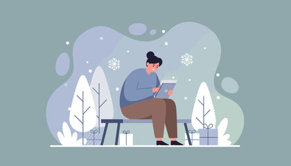 Stressed person using tablet outdoors in winter surrounded by gifts Holiday deadline pressure