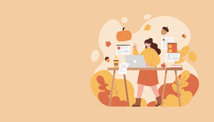 Cozy fall remote work Woman uses laptop surrounded by pumpkin leaves and documents Productivity vector