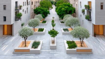 Top Down Drone Photo of Modern Urban Landscaping with White Buildings Lined With Trees and Greenery Under Natural Sunlight