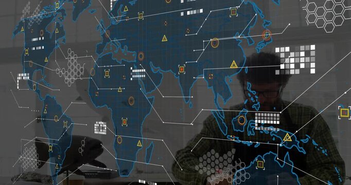 Map outline fading initiating technology designer sketching drawing at table as nodes intensifying