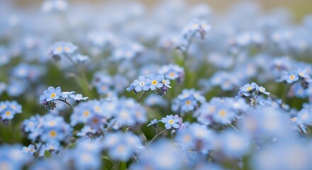 Dreamy soft focus on a field of tiny blue forget-me-not flowers.