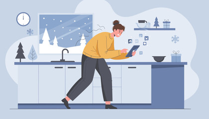 Stressed woman overwhelmed by social media notifications on a tablet in a cozy winter kitchen