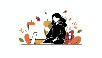 Autumn remote work or podcasting Woman at computer with fall decoration and mic