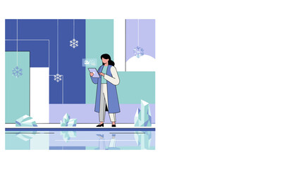Scientist analyzes data in a futuristic icy digital environment Concept of cold storage or winter tech