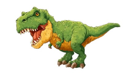 Cartoon green theropod dinosaur roars with open jaws, orange underbelly spiked tail dynamic stance.! - Powered by Adobe