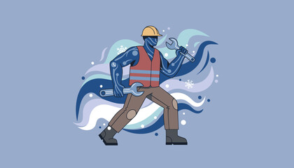 Strong engineer holding wrenches in a winter setting ready for repair and technical service