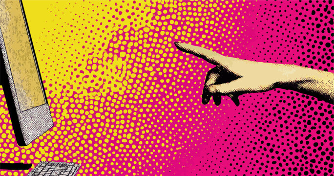 Une main tendue vers un &eacute;cran d'ordinateur avec un fond abstrait color&eacute;