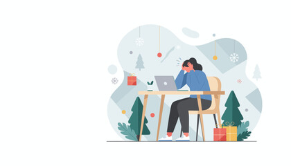 Obraz premium Stressed woman at desk with laptop overwhelmed by holiday work pressure and Christmas deadlines