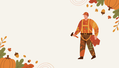 Autumn worker illustration for home repair services surrounded by fall leaves and pumpkins