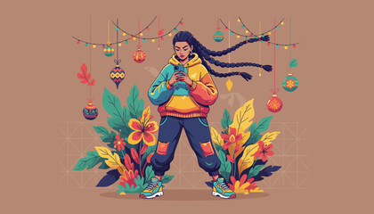 Urban girl on phone surrounded by colorful flowers and festive Christmas decorations