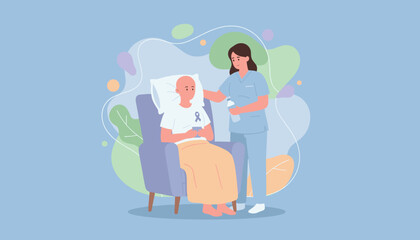 Nurse offers support to a bald patient with a cancer awareness ribbon Compassion and recovery