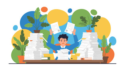 Stressed businessman overwhelmed by mountains of paperwork and office bureaucracy
