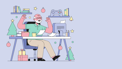 Joyful senior man at his decorated desk celebrating the digital holiday season