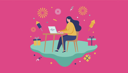 Festive remote work Woman on laptop with fireworks and gifts for holiday marketing