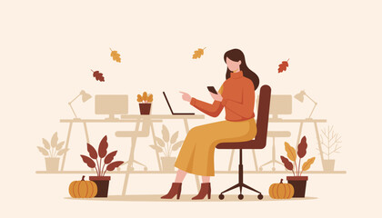 Woman uses laptop and smartphone for autumn remote work in a cozy decorated office