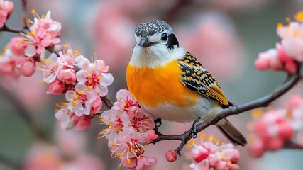 Colorful bird on spring blossom.