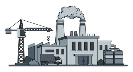 Obraz premium Industrial factory complex illustration with smoking chimneys crane and truck Manufacturing and logistics concept