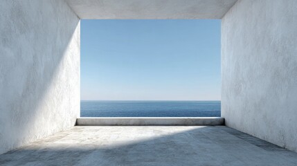 Minimalist concrete room opens to a tranquil ocean view.