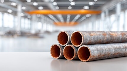 Stacked Rusted Metal Pipes in Foreground with Industrial Warehouse Factory Interior and Overhead Crane in Background in Soft Daylight Lighting