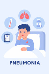 Vector of patient in bed with pneumonia symptoms and medical icons around for diagnosis