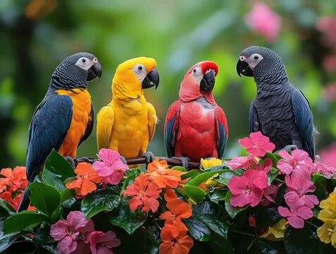 Colorful parrots in lush garden.