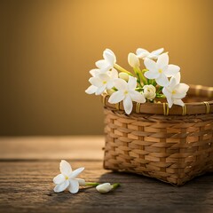 Fragrant jasmine blossoms in a woven basket on rustic wooden surface