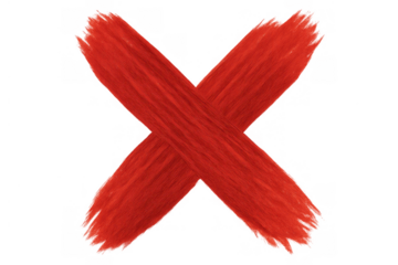 Red grunge painted cross mark indicating wrong, error, cancel, denial, or negative rejected choice on transparent background