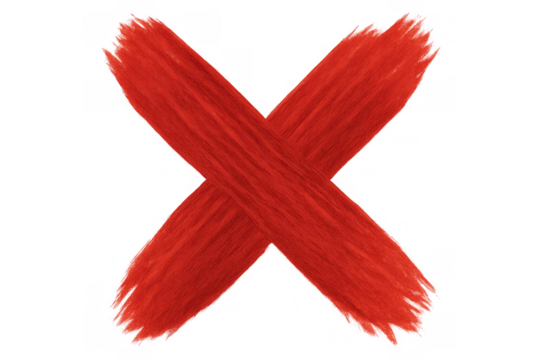 Red grunge painted cross mark indicating wrong, error, cancel, denial, or negative rejected choice on transparent background