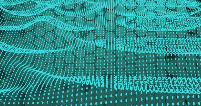 Abstract 3D digital background featuring flowing wave patterns of bright blue dots over a geometric circular grid. The composition symbolizes data streams, artificial intelligence, quantum computing