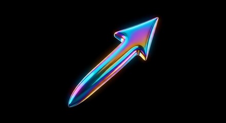 Dynamic iridescent 3D arrow pointing upwards, symbolizing progress, growth, and forward momentum in a sleek, modern visual