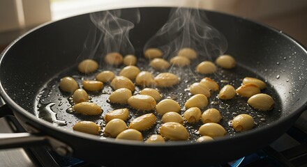 Garlic Cloves Sizzling in Hot Oil in a Frying Pan.
