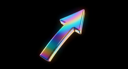 Dynamic Iridescent 3D Upward Arrow Symbol on Black Background, Representing Growth, Success, and Digital Progress