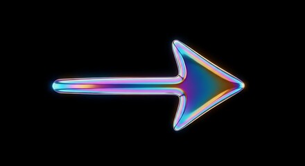 Holographic Iridescent Right Arrow Symbol Glowing with Vibrant Prismatic Colors on a Dark Background