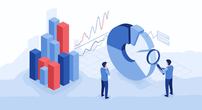 Business analytics concept with bar chart, pie chart, and people examining data with magnifying glass