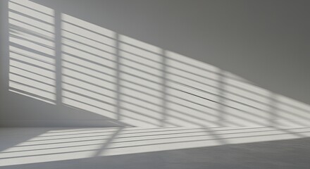 Fototapeta premium Sunlight streams through window blinds, creating a pattern on the stark white wall and floor.