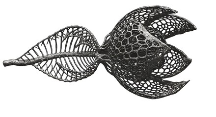 Abstract metallic sculpture of an organic form with leaf-like and honeycomb elements.