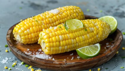 Two ears of sweetcorn, cooked and seasoned with salt, are presented on a rustic wooden platter, accompanied by lime wedges