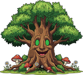 Cartoon tree illustration, smiling face artwork, anthropomorphic plant drawing, children’s fantasy sketch, whimsical forest design, friendly nature character, mushroom scene, playful greenery