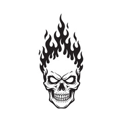 Vintage monochrome skull with flame on head, vector illustration of human cranium
